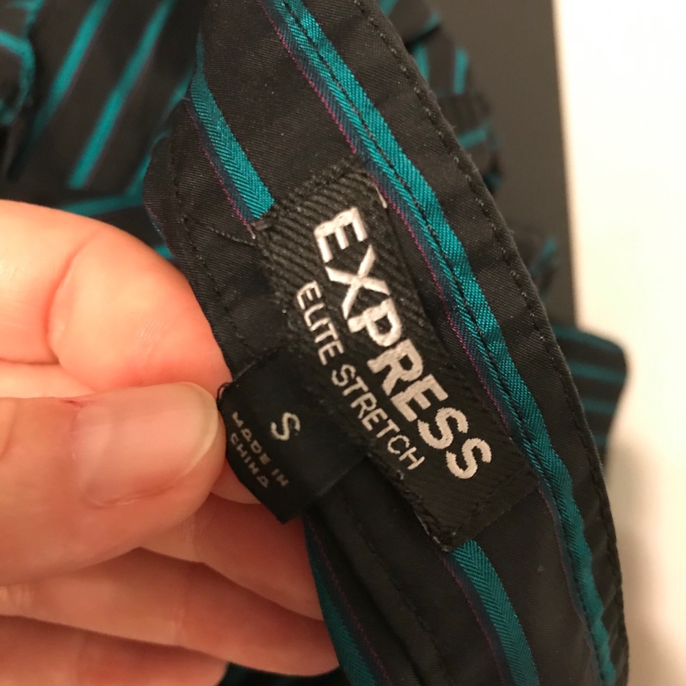 Express Elite Teal Stripe Ruffle Blouse Career Top Y2K Stretch Small - Picture 6 of 6